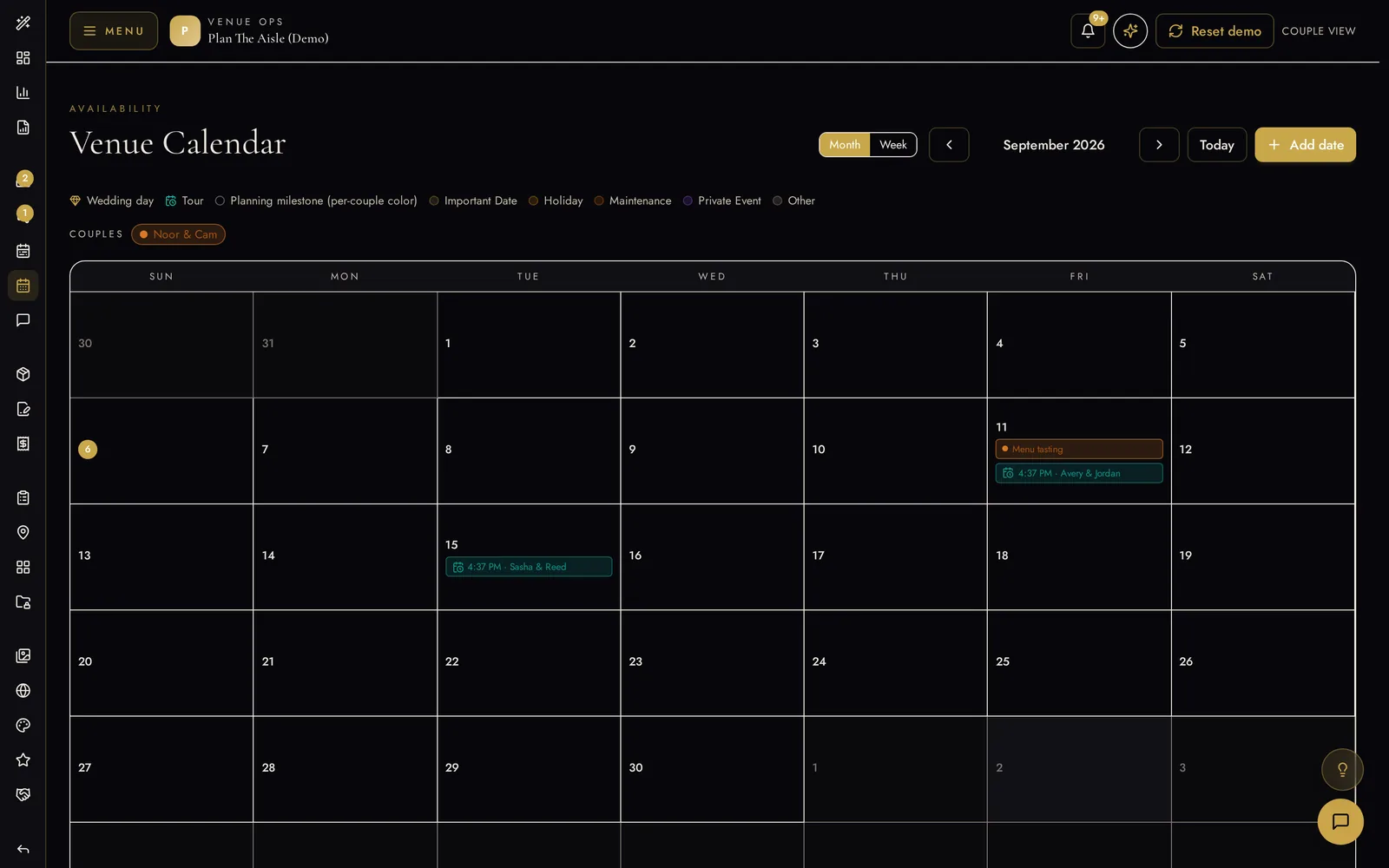 Venue Ops shared venue calendar showing tours, holds and booked wedding dates for September 2026