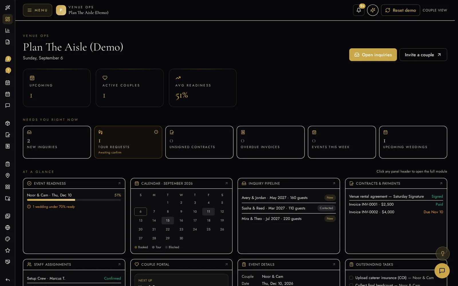 Plan The Aisle Venue Ops dashboard in dark mode showing today's counters for new inquiries, tour requests, unsigned contracts and overdue invoices, plus event readiness, calendar, inquiry pipeline, and contracts & payments panels
