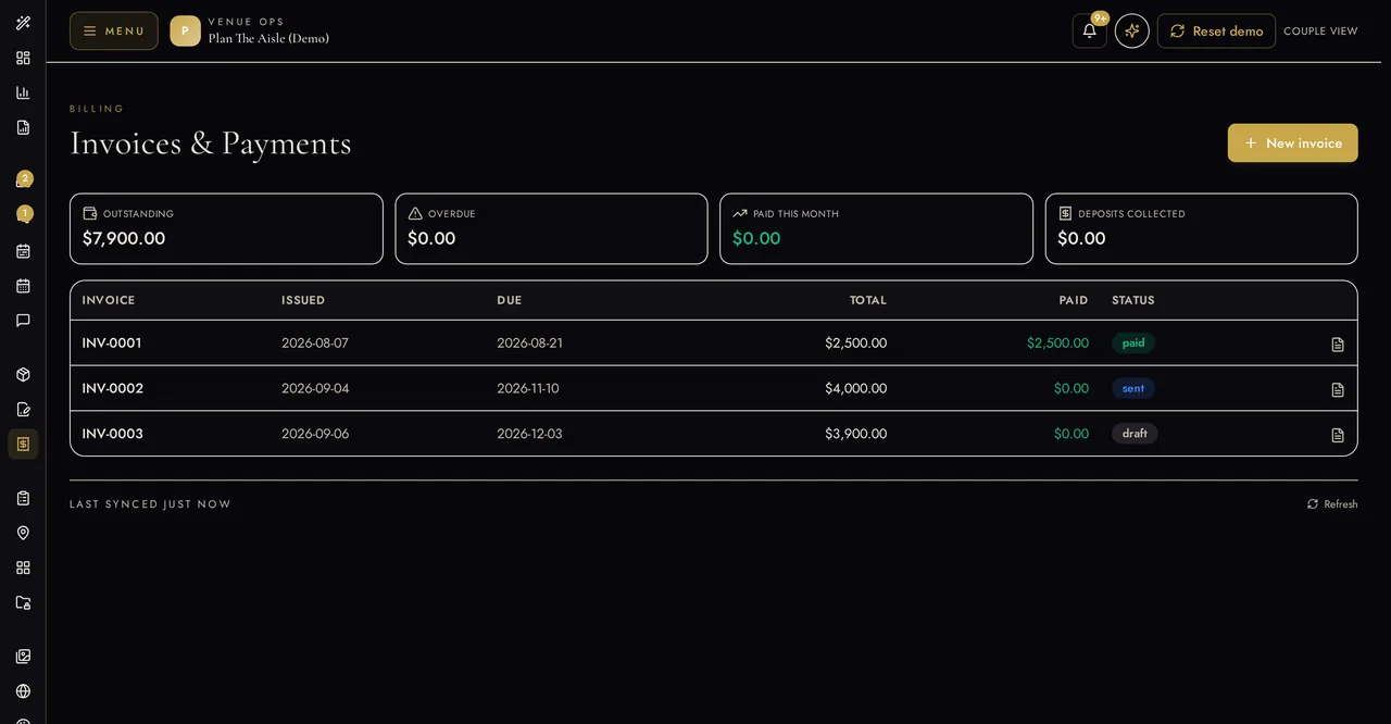 Venue Ops invoices and payments view with outstanding, overdue, paid-this-month and deposits collected totals