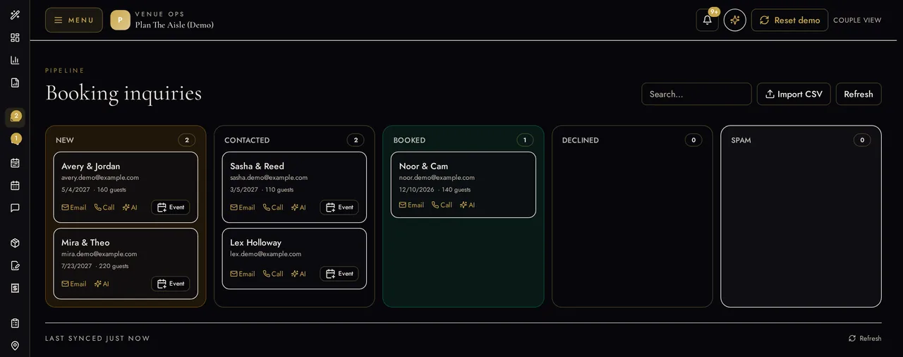 Venue Ops booking inquiries pipeline with New, Contacted, Booked, Declined and Spam columns